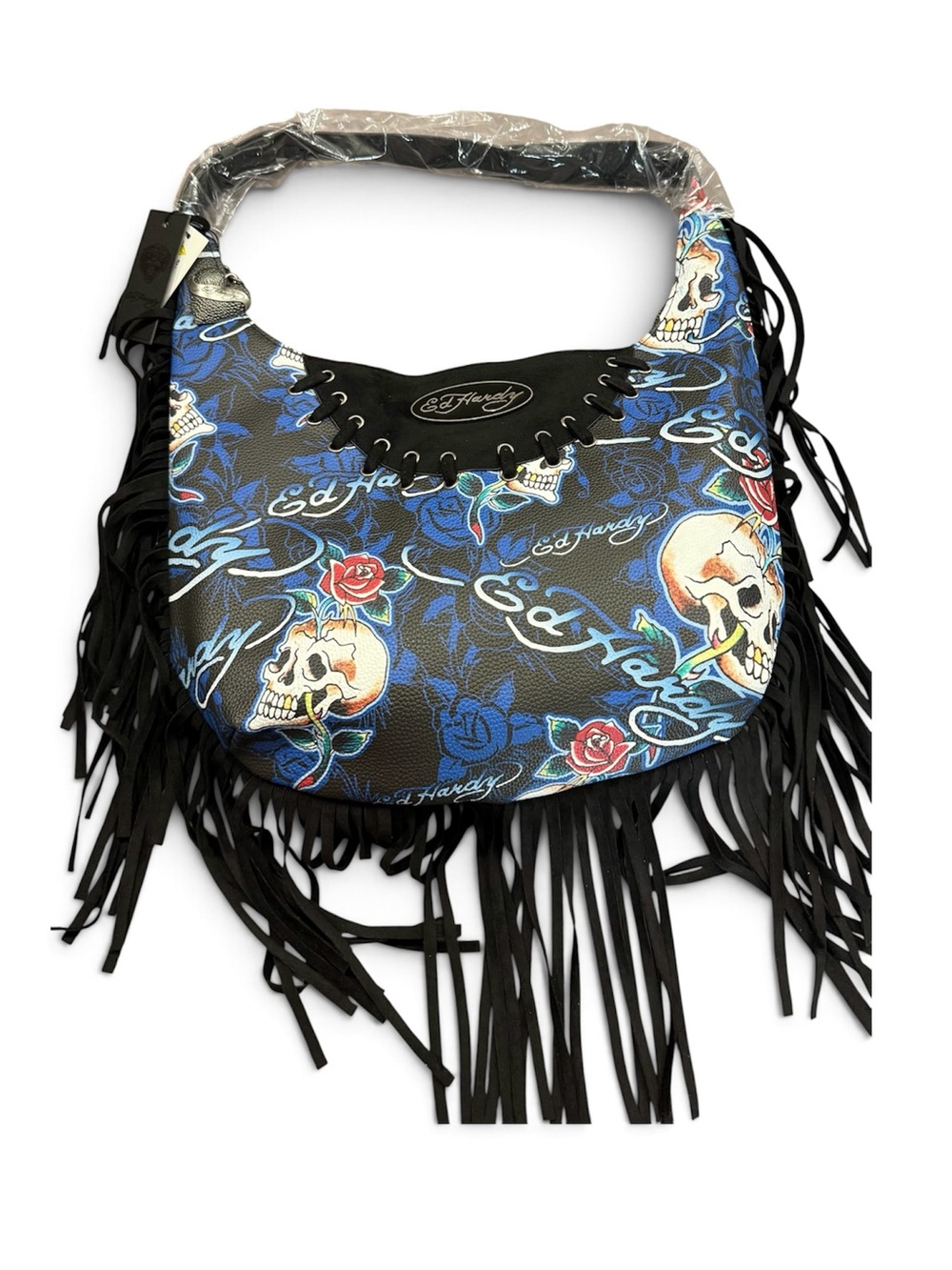 Ed Hardy Black & Blue Skull Rose Fringe Shoulder Bag